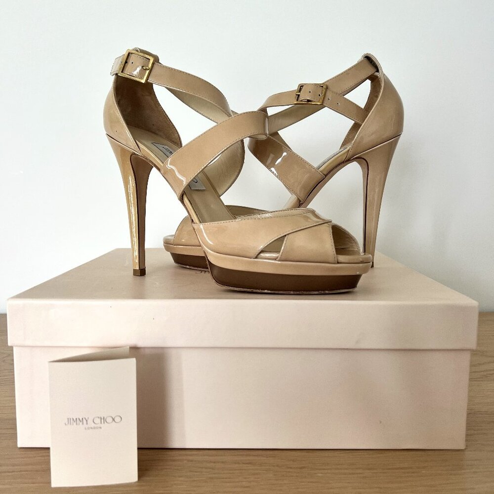 Pre-owned Jimmy Choo Kuki heels in Nude Patent Leather